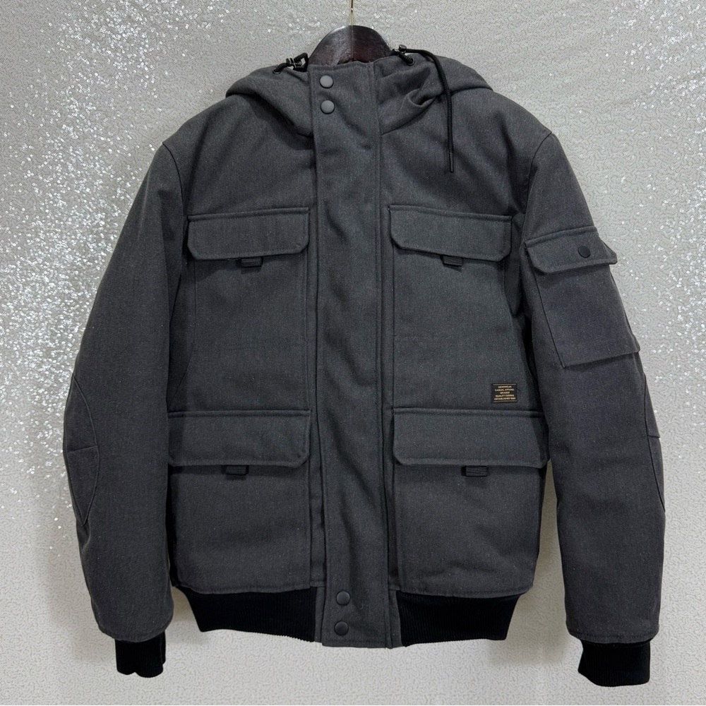H&M Men’s Gray Hooded Puffer Jacket Medium Quilted Insulated Utility Hooded Coat